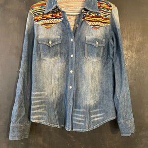 Denim Button Down Shirt with Multicolor Accents